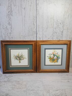 Vintage cottagecore Floral Basket & Bouquet Framed Art Pair - Green & Blue Mats